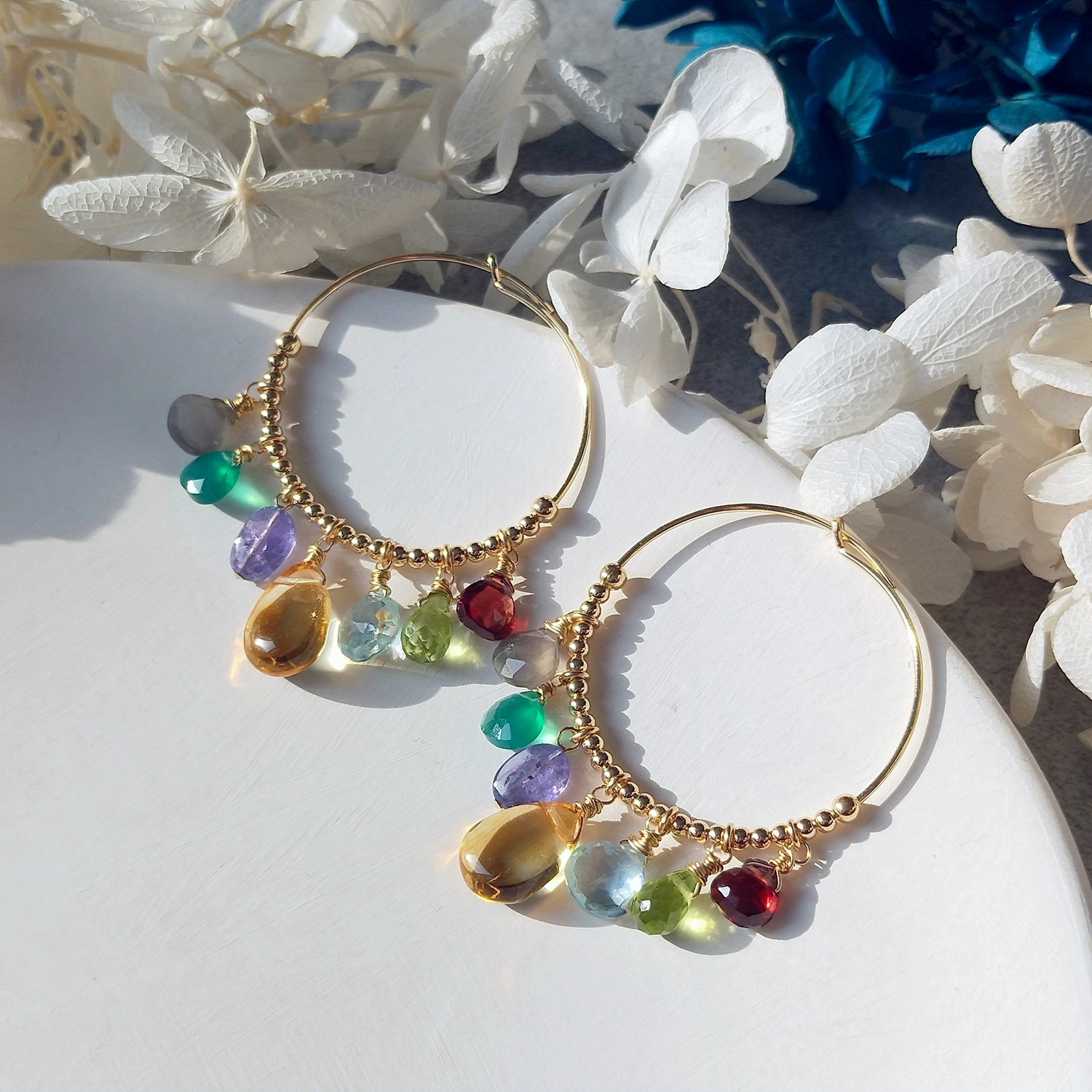 Lii Ji Multi Gemstone American 14K Gold Filled Hoop Earrings Natual Stone Handmade Jewelry