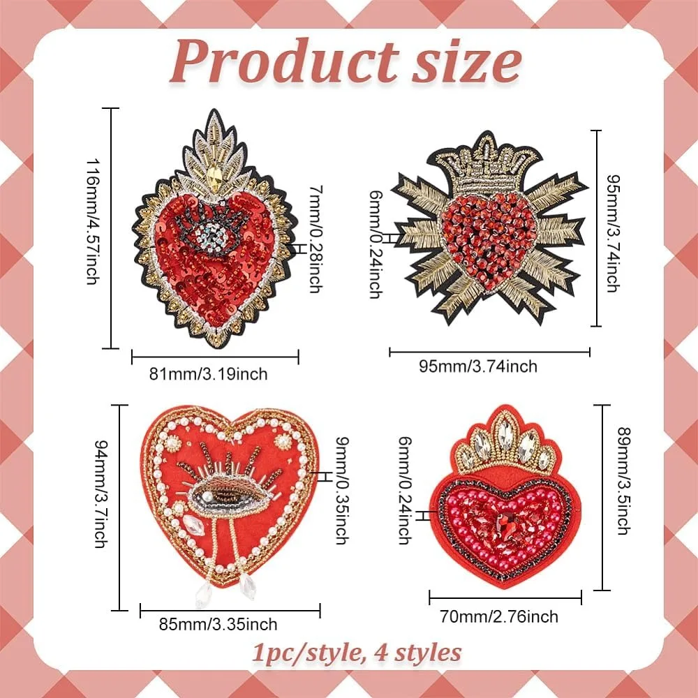 4 Style Heart Shape Cloth Patches Sew on Appliques with Rhinestone Beads Love Heart Rhinestone Beaded Appliques Red Heart Theme