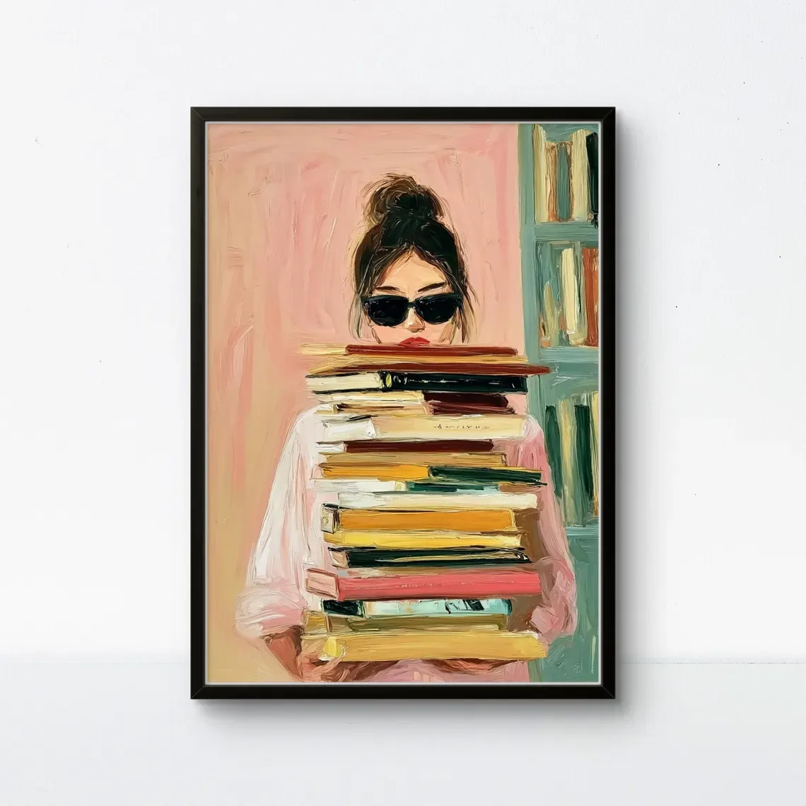 Chic Book Lover with Sunglasses WALL ART PRINT DECOR – Soft Pink Palette Cozy Literary Painting, a Stylish Statement Piece for H