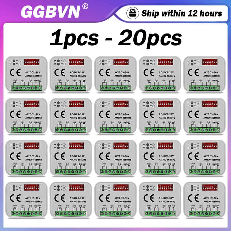 

Universal RX MULTI 433MHz 868MHz Garage / Gate Remote Control Receiver 300-868MHz 2CH Switch Gate Controller AC/DC 9-30V Relay