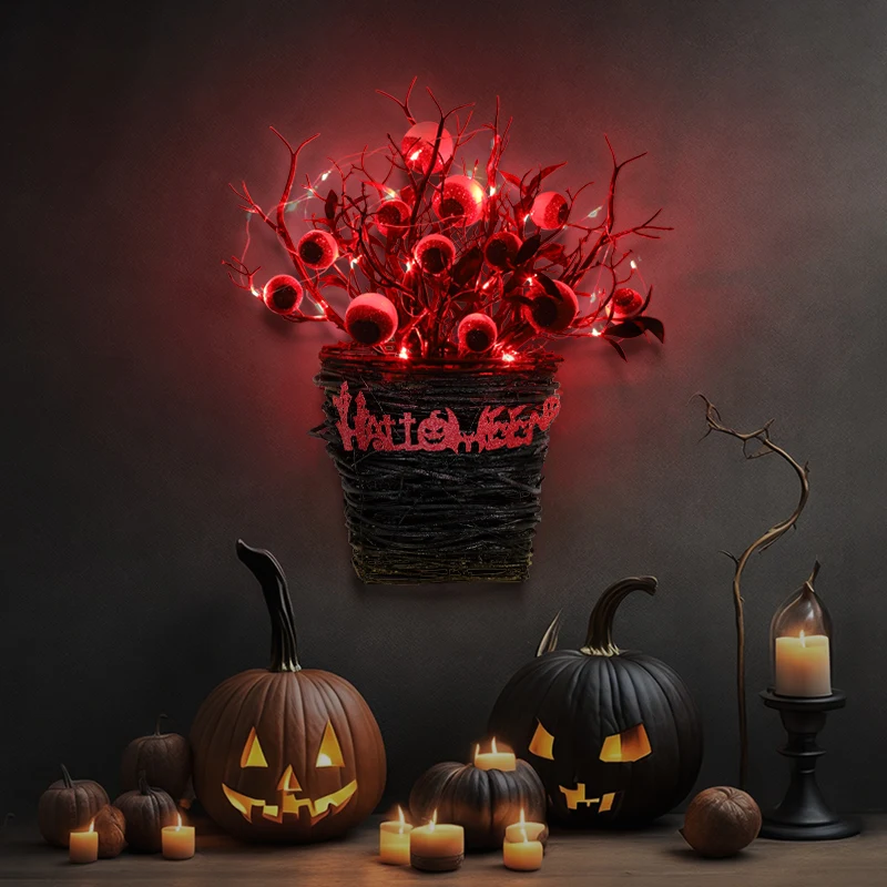 Halloween Flower Basket Emits Red Light Terrifying Eyeballs Wall Party Atmosphere Decoration Dead Branches Simulation Basket