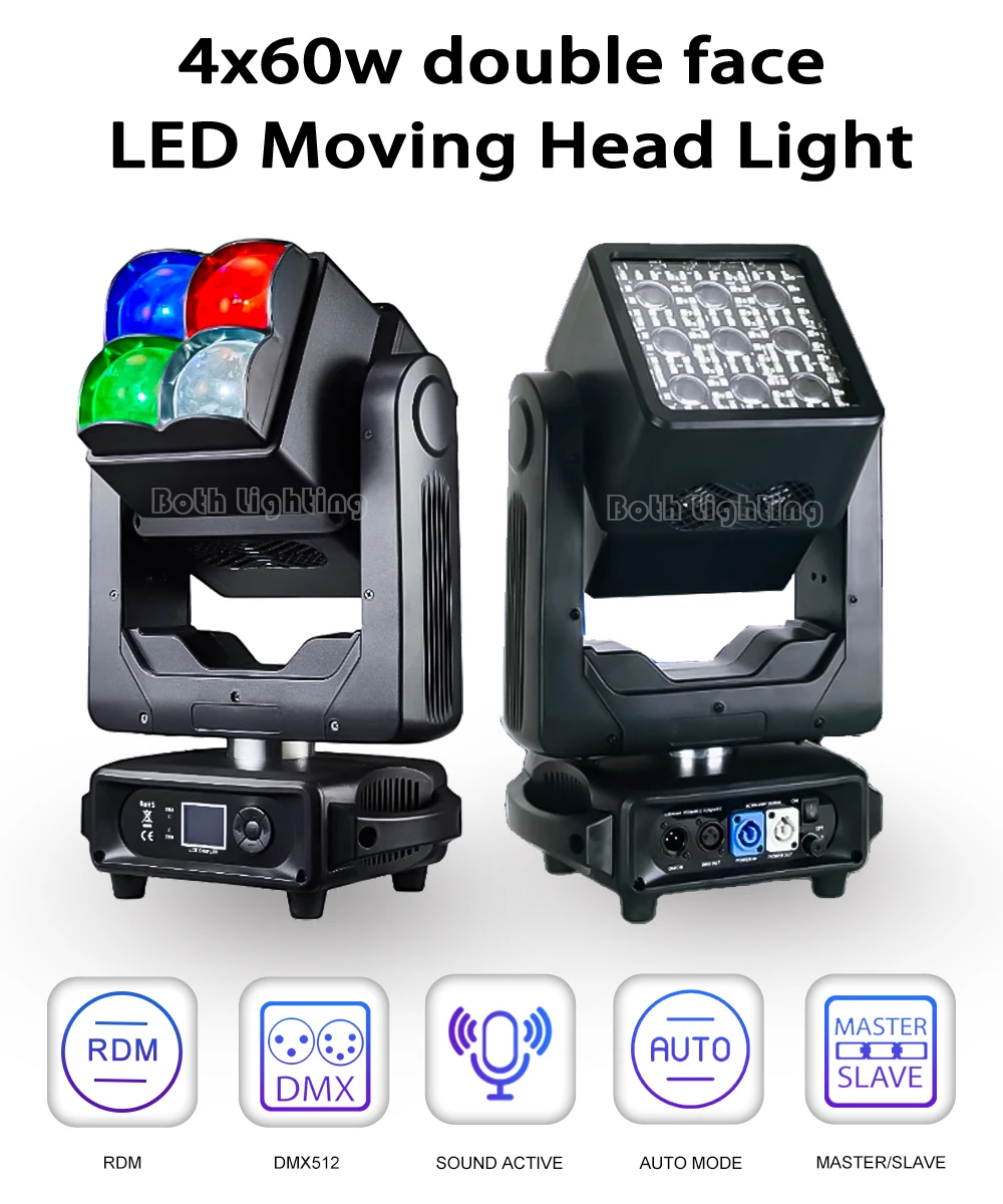Both Lighting Double Side LED Moving Head Light 4x60w Beam Wash Strobe DMX 512 DJ Disco Events Infinite Wedding DJ Stage Lights