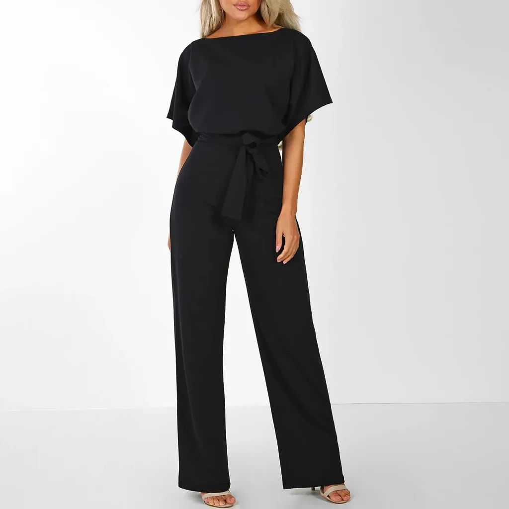 

Summer Elegance Short Sleeve Jumpsuit Solid Color Round Neck Rompers Bandage Playsuit With Belt Lace-up Button Commuter Bodysuit