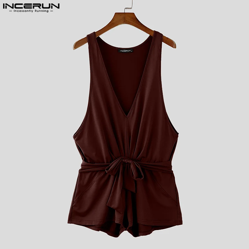 INCERUN 2024 American Style Homewear Fashion New Men Deep V-neck Strap Jumpsuit Sexy Male Solid Comfortable Sleeveless Bodysuits