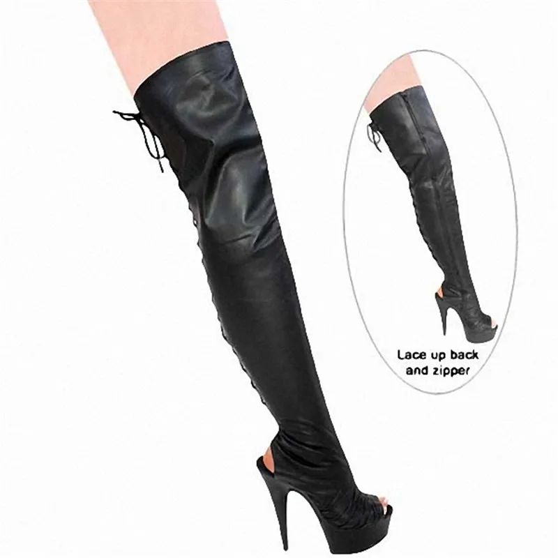 Sexy fish-mouth 15cm thigh-high boots, skinny heels for stage shows, pole dance shoes