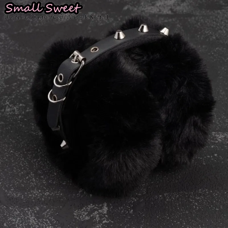 القوطية الشرير اليدوية برشام الجلود غطاء للأذنين الظلام الدافئة الأذن الأسود أفخم ثقافة فرعية Y2K فتاة حماية الشتاء غطاء للأذنين اكسسوارات