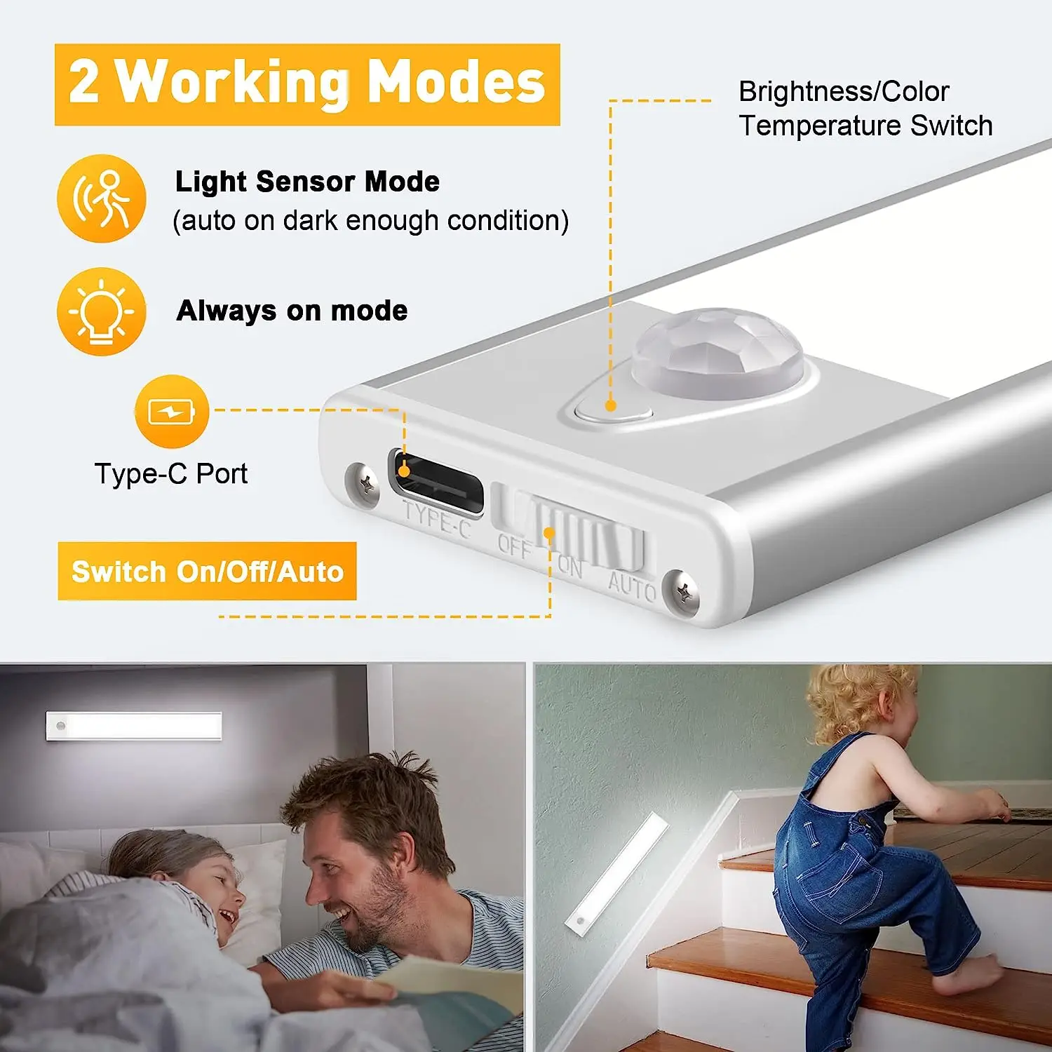 Wireless Dimmable Motion Sensor Cabinet Light, 3 Color Modes, USB Rechargeable Closet Lamp for Kitchen, Wardrobe, Staircase Deco