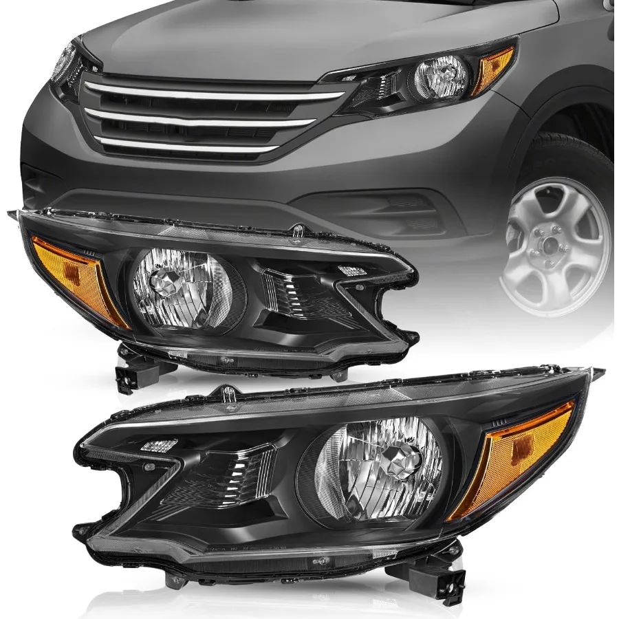 

Headlight Assembly Fit 2012 2013 2014 Honda CRV Halogen Headlamp Black Housing with Clear Reflector L+R