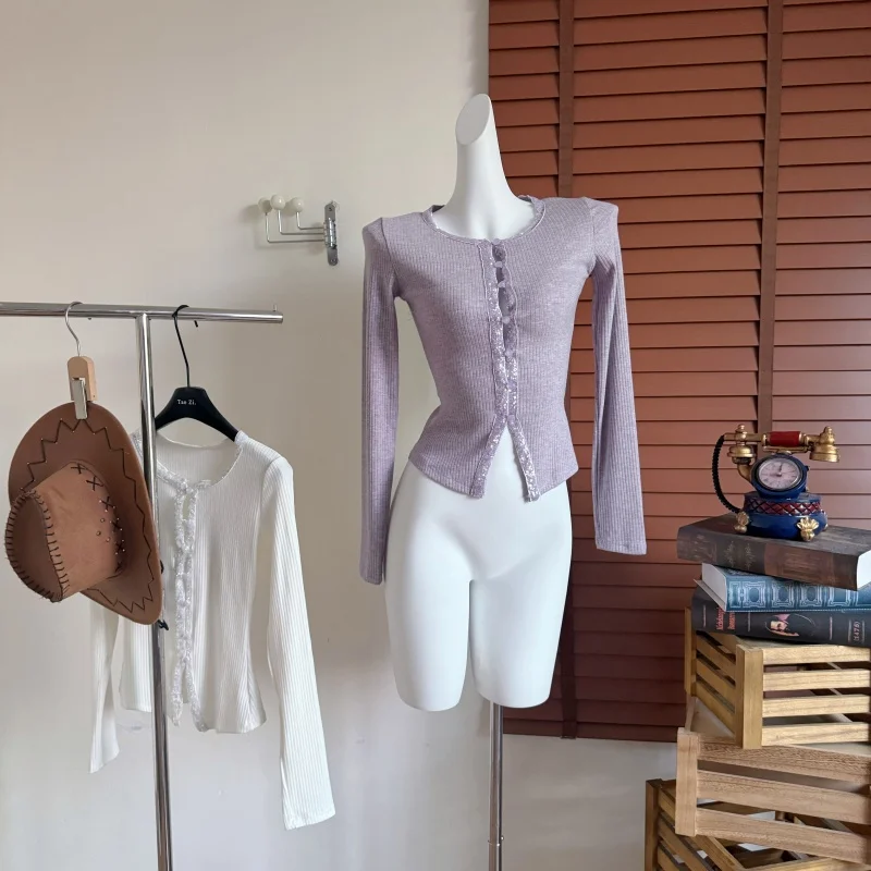 

Женский весенне-осенний кардиган с круглым вырезом и длинными рукавами, тонкий кардиган с блестками по подолу, женский милый однотонный однобортный базовый кардиган