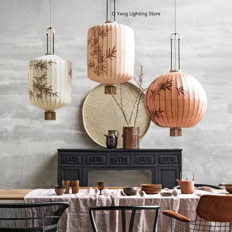 Japanese Fabric Lantern Pendent Lamp Restaurant Hotel Tatami Hand-painted Bamboo Leaf Pattern Room Decor Lights