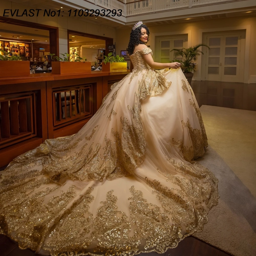 EVLAST personalizado México champán vestido para quinceañeras vestido De baile Apliques De encaje corsé con cuentas dulce 16 Vestidos De 15 Anos E1QN522
