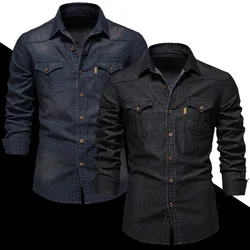 Camisa jeans de manga comprida masculina, camisa casual slim fit, roupas de grife, camisas de vaqueiro, monocromáticas, algodão, outono, nova