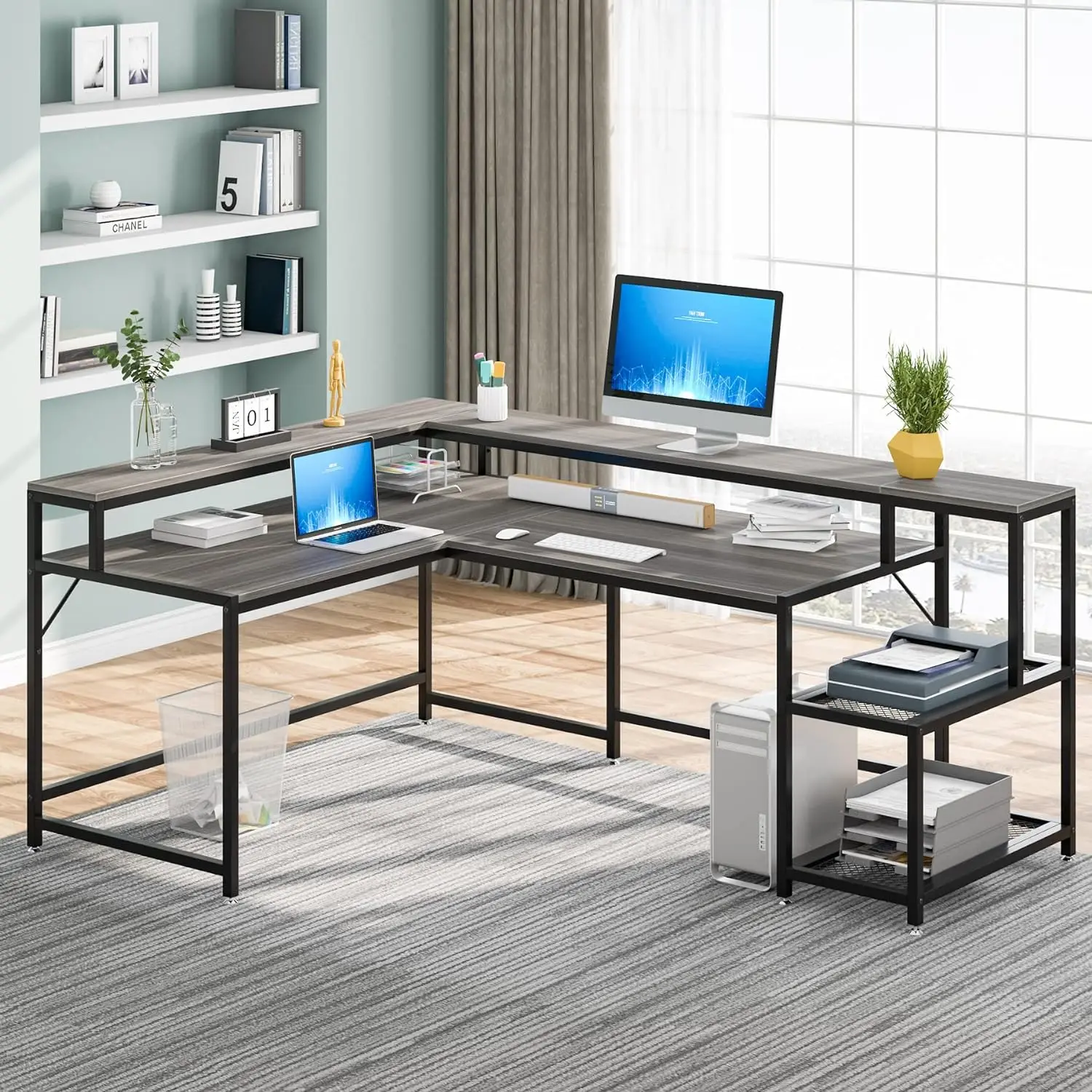 Tribesigns 69 Inch L Shaped Desk with Monitor Stand, Large Reversible Corner Desk with Storage Shelf, Industrial Computer Table