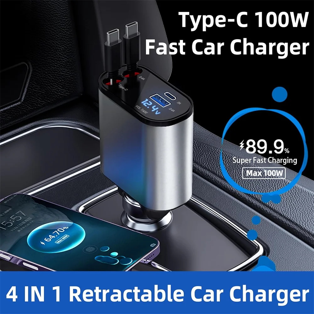 100W 4 IN 1 Car Charger Super Fast Charging Telescopic USB Dual Type C Cable For IPhone Samsung Xiaomi Cigarette Lighter Adapter