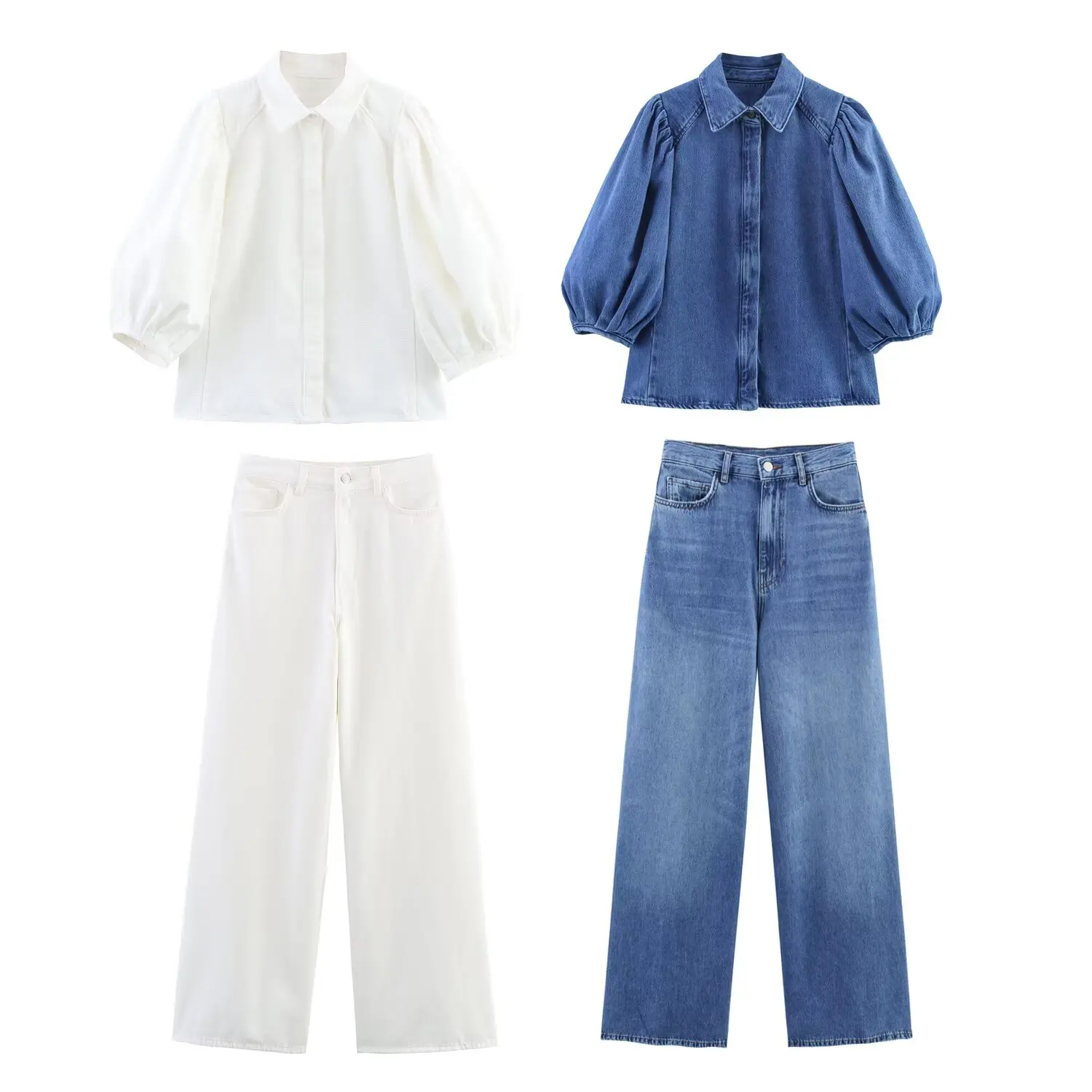 

Denim Blouse For Women 2025 New Summer Classic Casual Simple Puff Short Sleeve Single Breasted Shirt Female Chic Blue Tops Lady