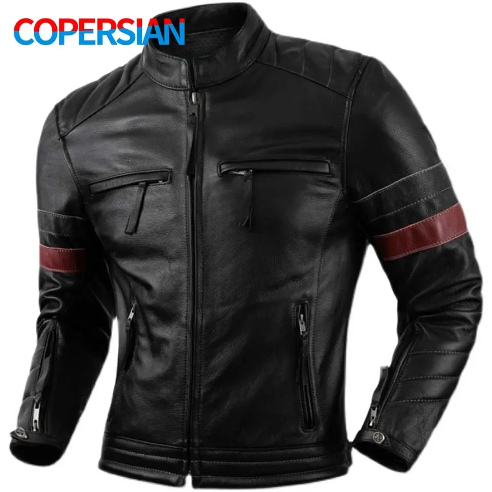 

Natural COPERSIAN Cowhide Jackets top layer cowhide men's motorcycle suit Black Stand Collar Short Genuine Leather Coat