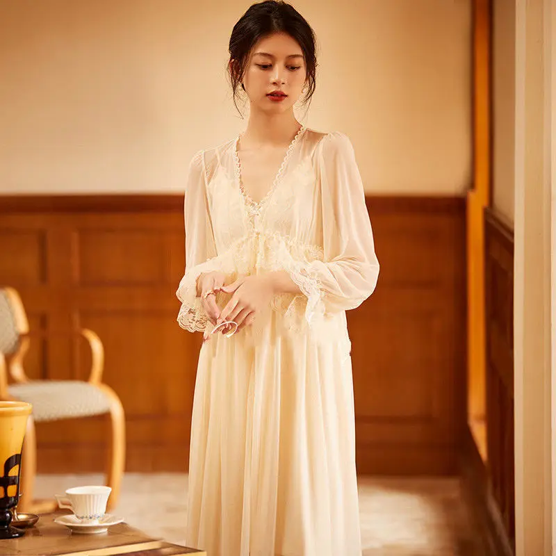 

French Elegant Sexy Sweet Female Long Nightdress Sleepwear Lace Fairy Retro Palace Style Nightgown Home Dress Pajamas Robe Set