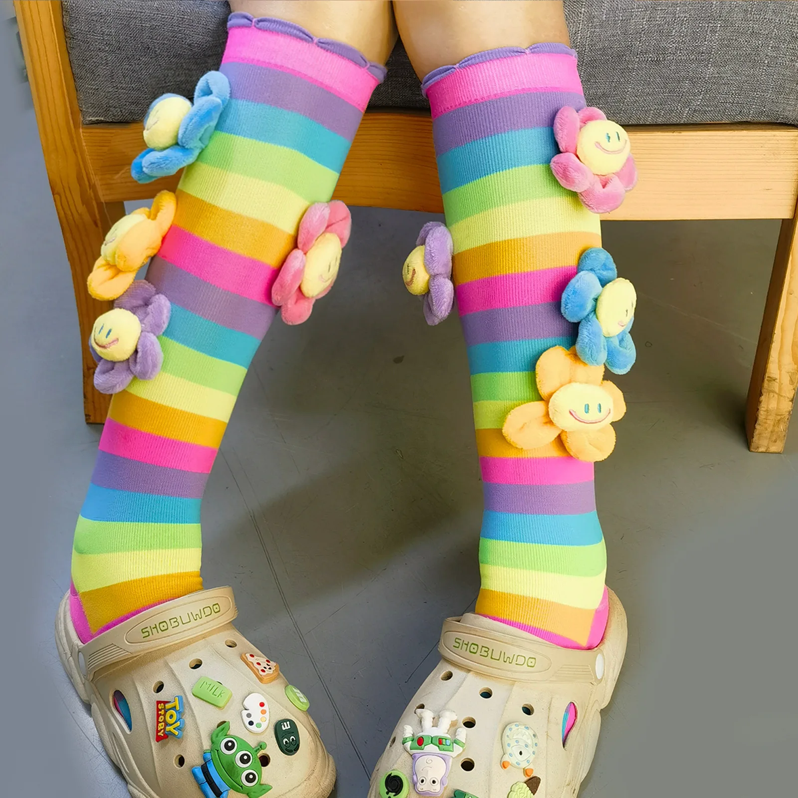 Rainbow Striped Tights for Girls Flower Appliques Children Stockings knit Long Bby Pantyhose 7-12 Years