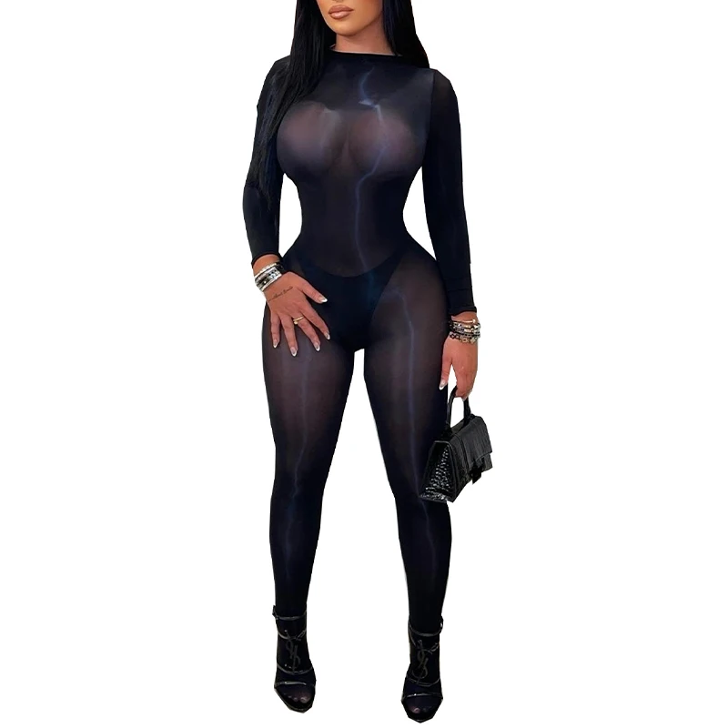 Combinaison moulante transparente à manches longues pour femme OMSJ, tenue de soirée sexy, combinaison de club de nuit attrayante