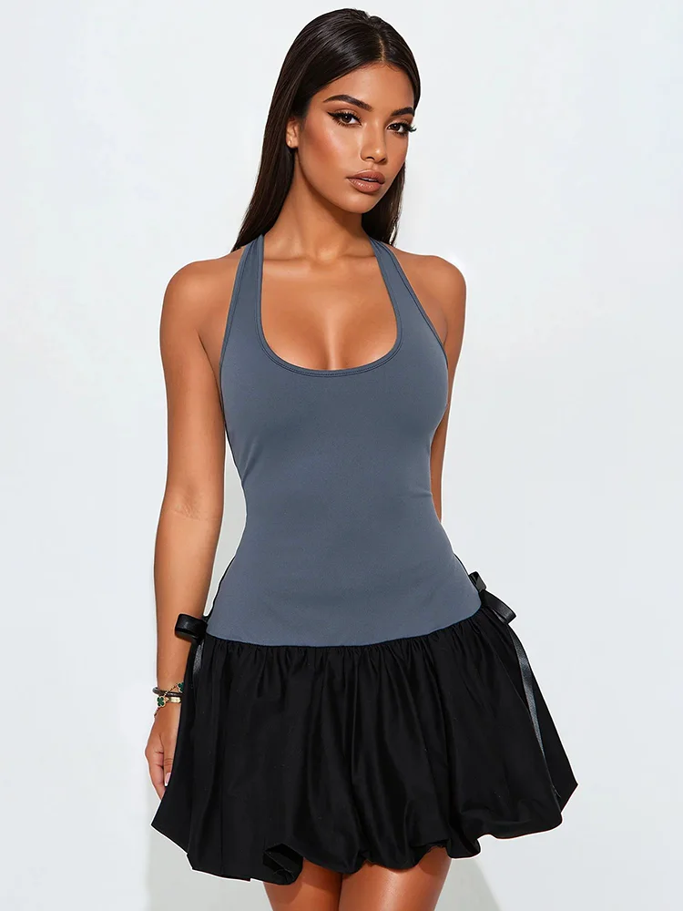 Sisterlinda Summer Release Junior Fashion Mini Sexy High Street Dress M25D68289 Girl Solid Halter Slim Cleavage Backless Robe