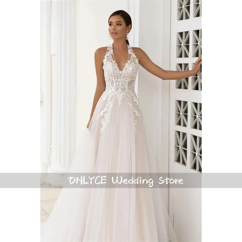 A-Line Halter Neck Customized White Wedding Dresses Backless Sleeveles vestidos de noche  Train robe de mariée 2026