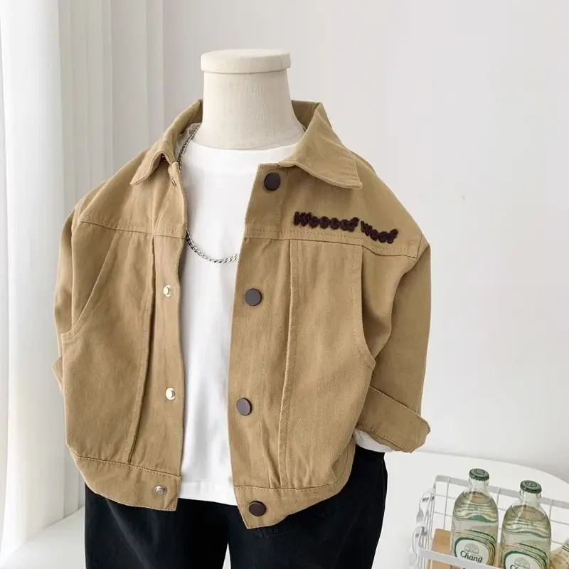 Boys khaki Outerwear Spring and Autumn 2024 New Children\'s Clothing Pure Cotton Jacket Handsome Casual Top Trend For Children