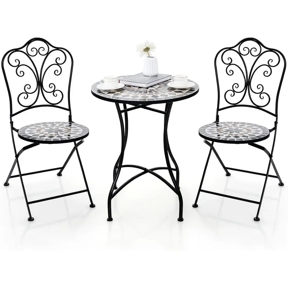 

2-Piece Mosaic Outdoor Patio Set with Folding Chairs, Steel Frame, Round Furniture for Balcony & Garden