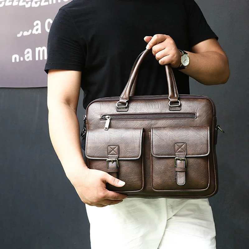 Executive Briefcase Bag for Man PU Leather Vintage Tote Male Handbags Laptop 14 Shoulder Business Messenger Crossbody Ita Bag