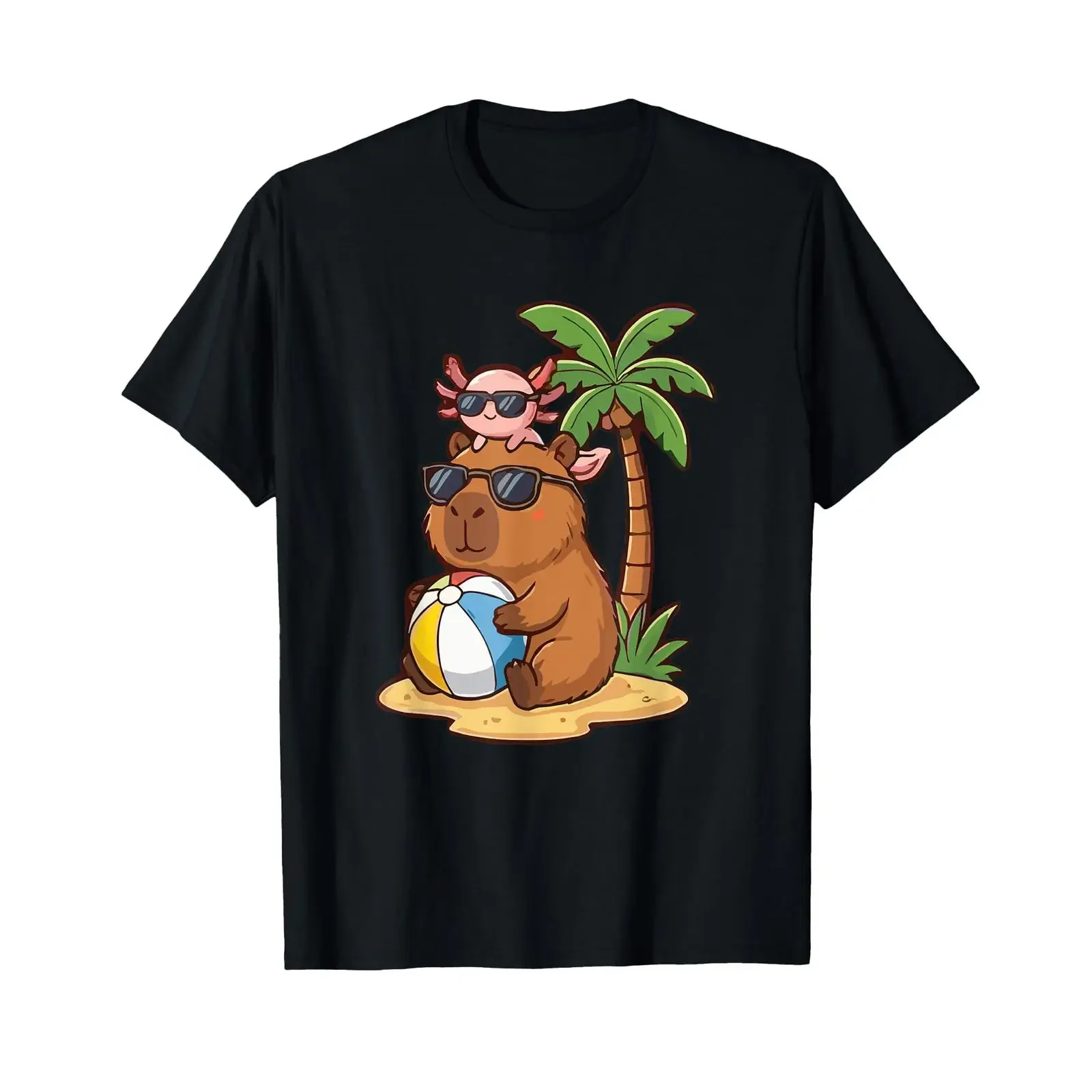 Cute Capybara Axolotl Summer Beach Holiday Animal Lover T Shirt vintage Washed fashion Versatile Soft Breathable Stretched