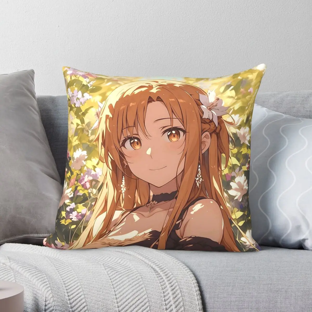 Sword Art Online Yuuki Asuna Square Pillowcase Polyester Linen Velvet Pattern Zip Decorative Sofa Seater Cushion Cover
