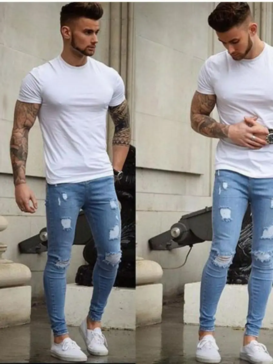 

New Autumn plus Size Slim Fit Jeans Men's Casual Tight Pants mid Waist Long Trousers Zipper Decorated Sportswear