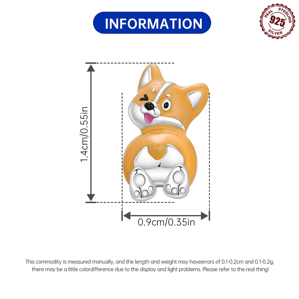 S925 Sterling Silver Adorable Corgi Charm Winking Puppy with Cute Butt Design Fit Bracelets Playful Dog Jewelry Gift Women Girls