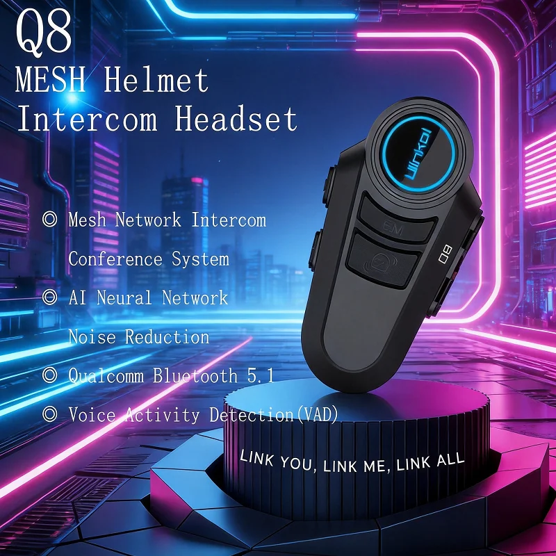 Ulinkal Q8 Motorcycle Helmet Qualcomm Headset Mesh Intercom Remote Walkie Talkie Interphone Headset for 24 Riders Bluetooth 5.1