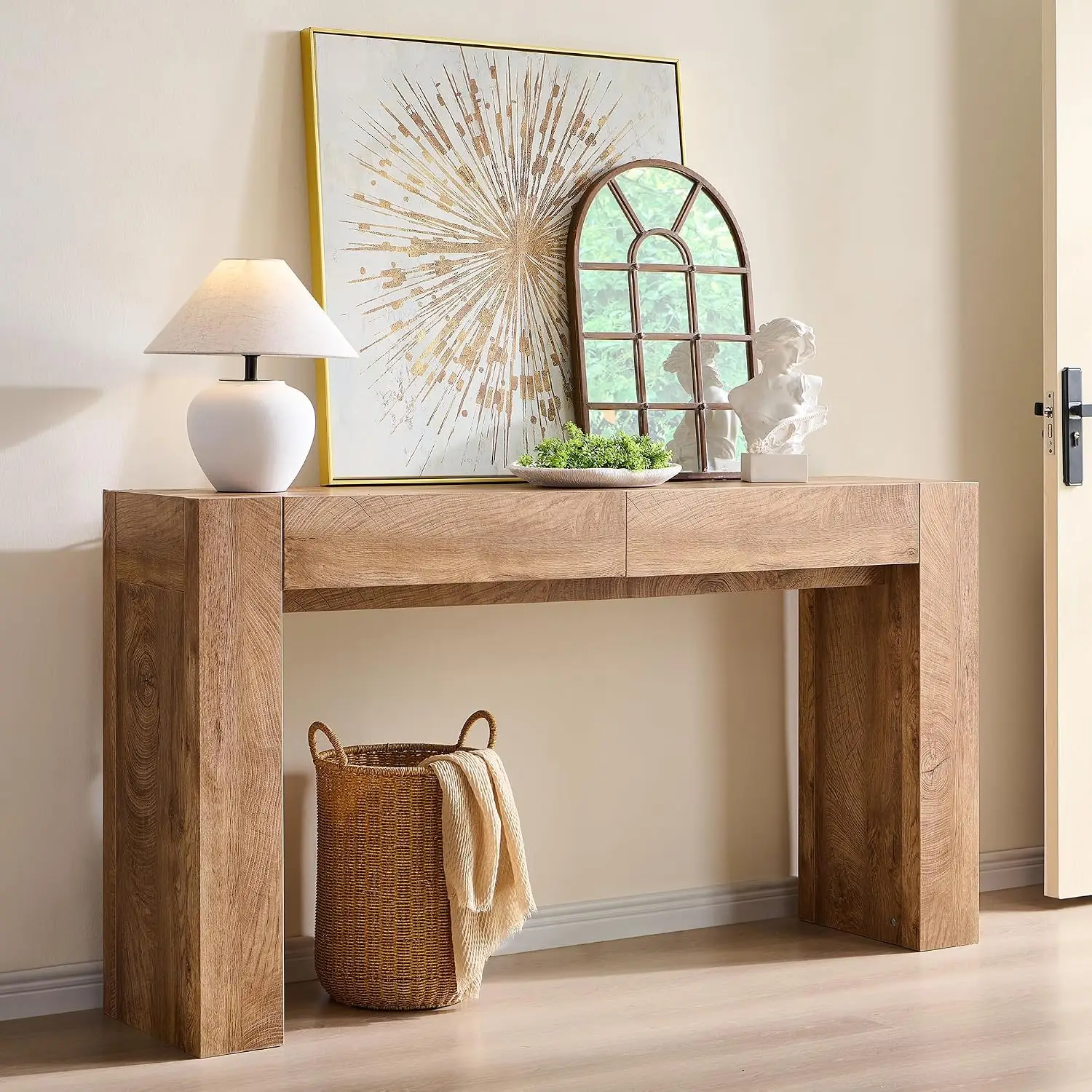63‑Inch Light‑Oak Farmhouse Console Table with Storage Drawers, Thick‑Frame Narrow Accent Table for Entryway, Hallway and Living‑Room