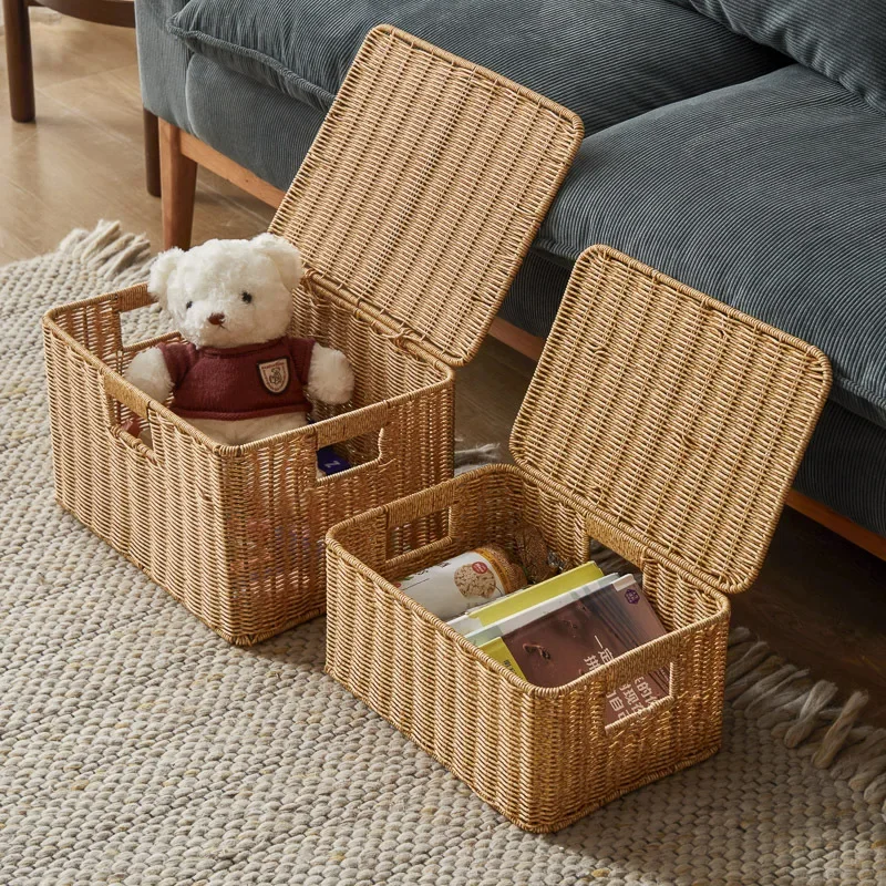 Imitation Rattan Braided Storage Box with Lid, Book Doll Storage Box, Living Room Snack Beverage Box, Hand-woven Basket