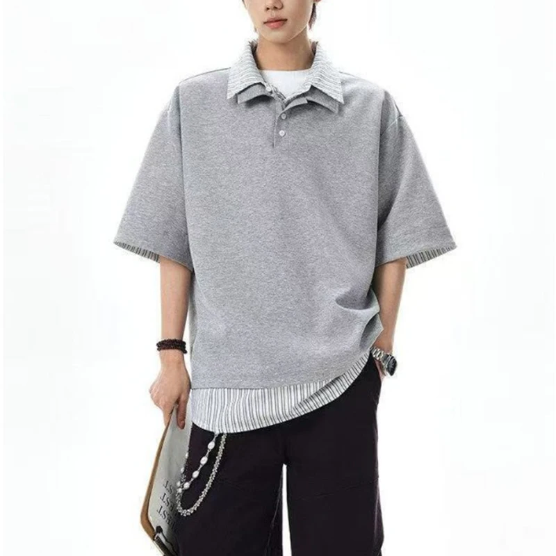 Men Oversized Short Sleeve Polo Shirt Double Layer Collar Striped Trim Casual Streetwear Top