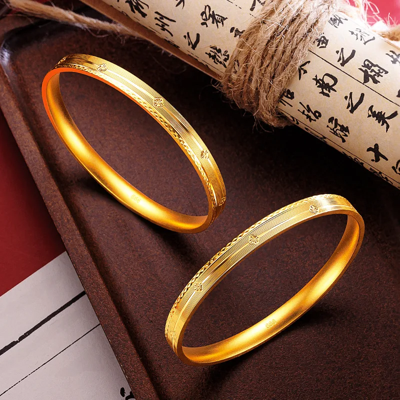 Bracelet Female 9999 24K Real Gold China-Chic High Grade Carved Flower Four Leaf Herb Bracelet Versatile Four Leaf Herb Bangle