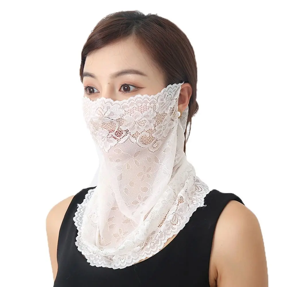 Face Shield บางผ้าพันคอขี่จักรยานกลางแจ้งสําหรับผู้หญิงแขวนหูกีฬาสีทึบหน้ากากลูกไม้หน้าปกผ้าพันคอคอผ้าพันคอใบหน้า