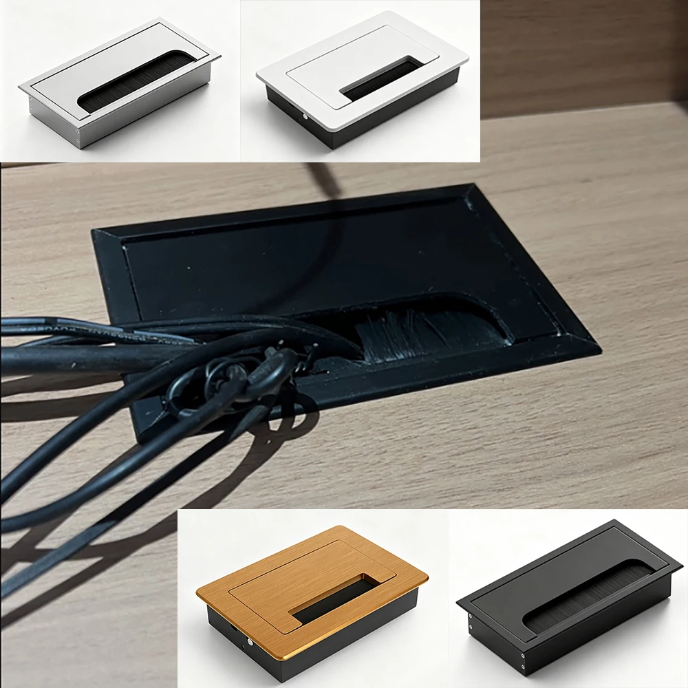 1PCS Aluminum Alloy PC Desk Rectangle Wire Cable Grommet Office Table Hole Cover Outlet Port with Black Brush Square