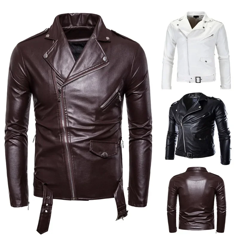 2024 autumn new men's high quality slim fit flip collar oblique pull leather coat British fashion motorcycle coat leather jacket