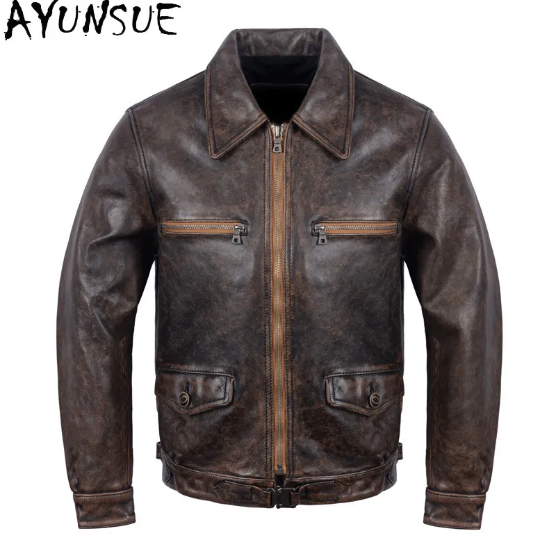 AYUNSUE High Quality Top Layer Cowhide Genuine Leather Jacket Men Vintage Oil-wax Cow Leather Coat Short Pure Leather Jackets