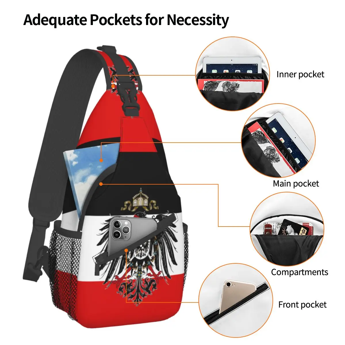 German Empire State Flag Crossbody Sling Bag Small Chest Bag Shoulder Backpack Daypack for Travel Hiking Cycling Satchel