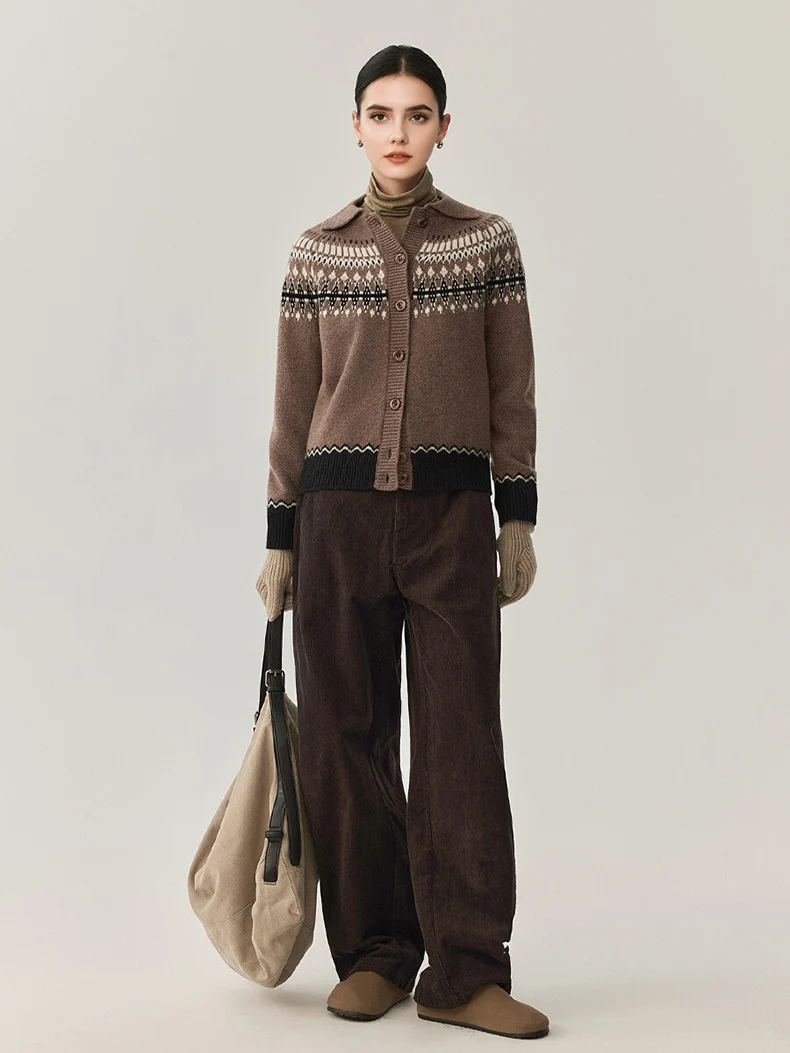 SuyaDream, Women Jacquard Cardigans, 100%Sheep Wool, Turn Down Collar, Christmas Sweaters, 2025 Fall Winter Knitted Jackets