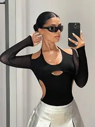 Fashion Slim Summer Women's Hollowed Out Street Long Sleeved Sexy Backless Jumpsuit Spicy Girls' Shoulder Hugging Jumpsuit