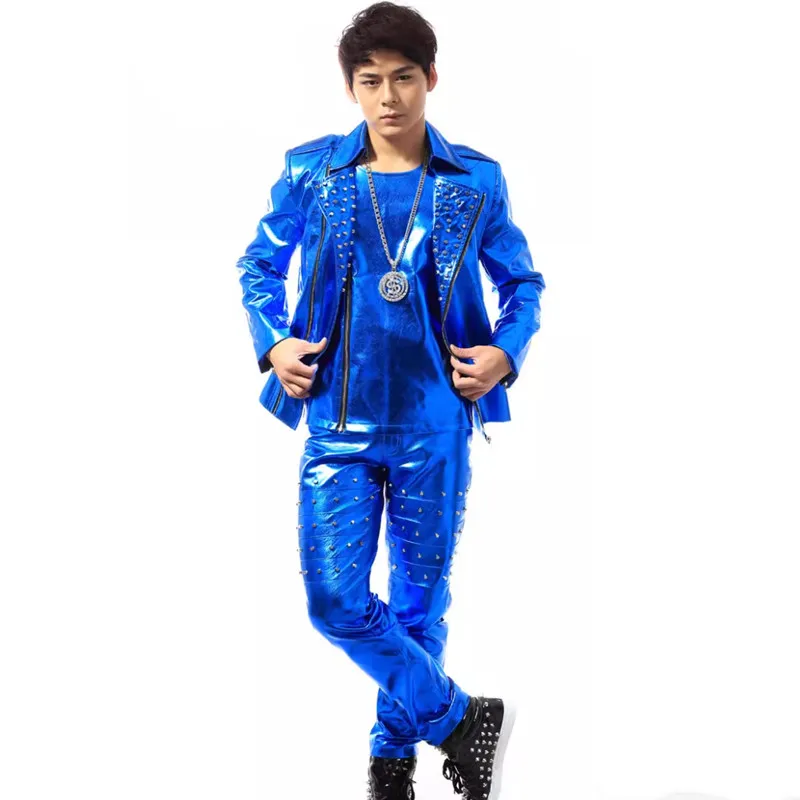 (Jacket+Vest+Pants) Men's Blue 3-Piece Rivet PU Leather Set Punk Style Male Singer Nightclub Concert Stage Performance Costume
