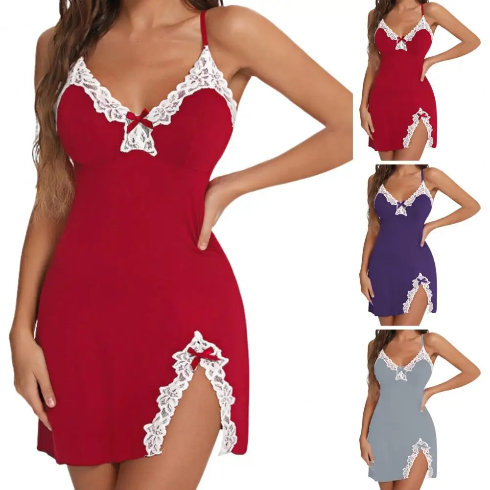 Nightdress Lace Split Hem Lace Bow Decor Spaghetti Strap Backless Sleeveless Deep V Neck Bow Decor Lady Sleepwear Night Clothes