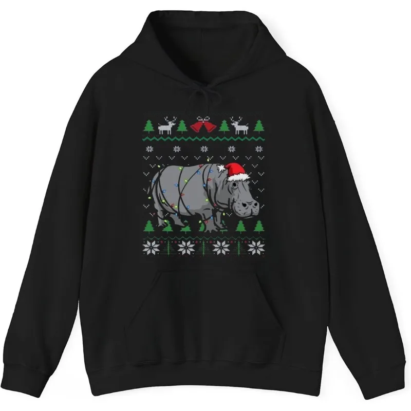 Süßes Nilpferd, hässliches Weihnachts-Sweatshirt, Nilpferd, Weihnachtsmütze, eingewickelt in Weihnachtsbeleuchtung, lustiges Geschenk für afrikanische Tierwelt, Nilpferd-Liebhaber