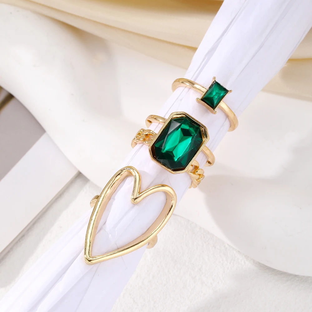 IFMIA Fashion Big Hollow Heart Green Crystal Rings Set For Women Bohemian Geometric Square Ring Party Wedding Jewelry