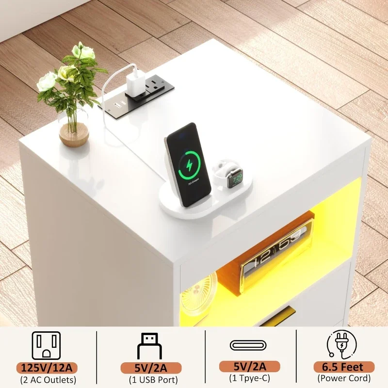 Japandi Nightstand Charging Station Bedside Table With 3 Drawers And Lights End Table Sofa Couch Side Table Pull-Out Shelf White