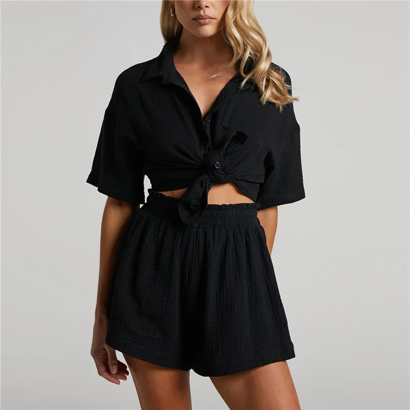 Conjunto casual de 2 piezas para mujer Conjuntos de lino y algodón Camisa con botones Pantalones cortos Ropa de resort 2025 Conjunto de pijama para playa